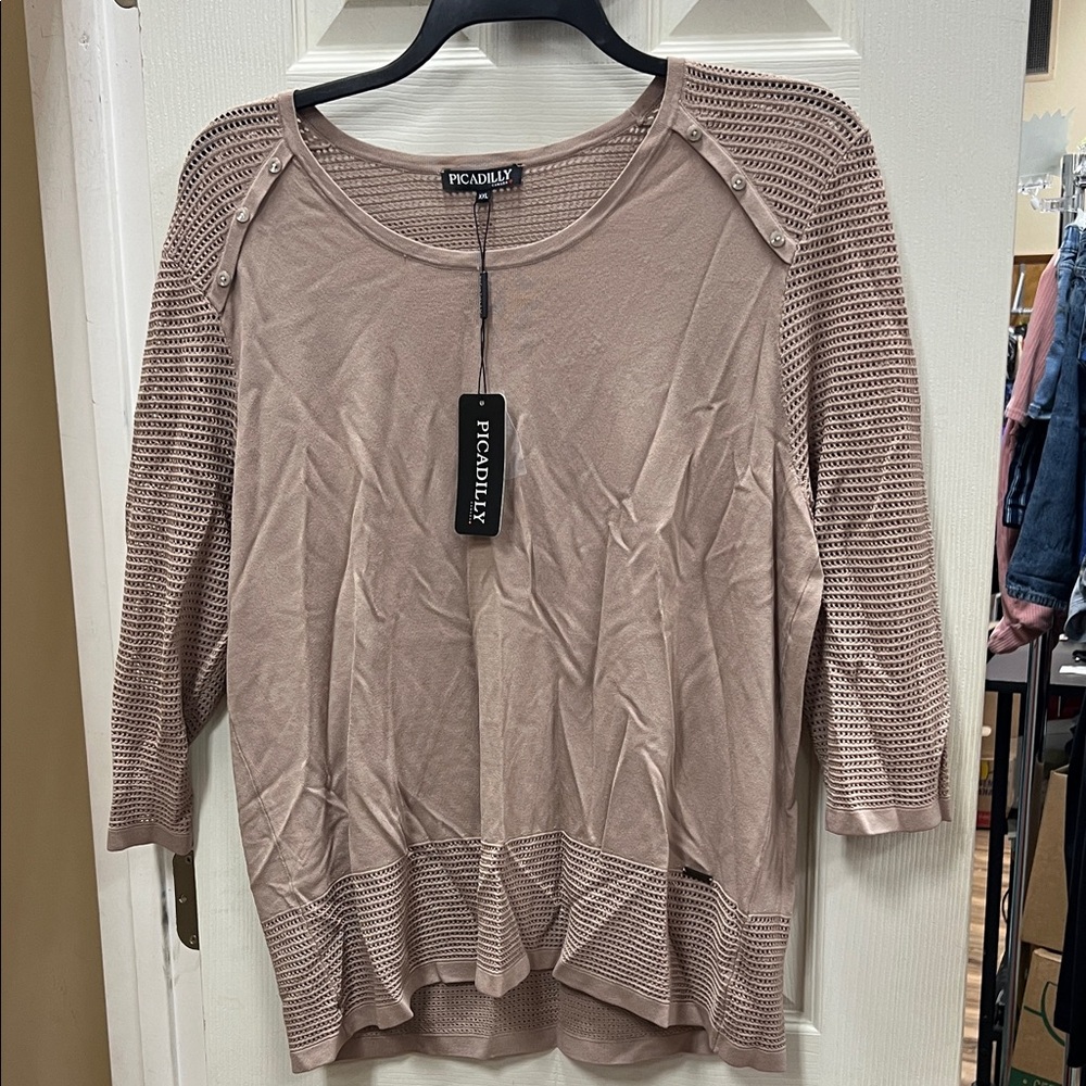 PICADILLY | taupe/kangaroo 3/4 sleeve button shoulder open knit top/shirt/blouse